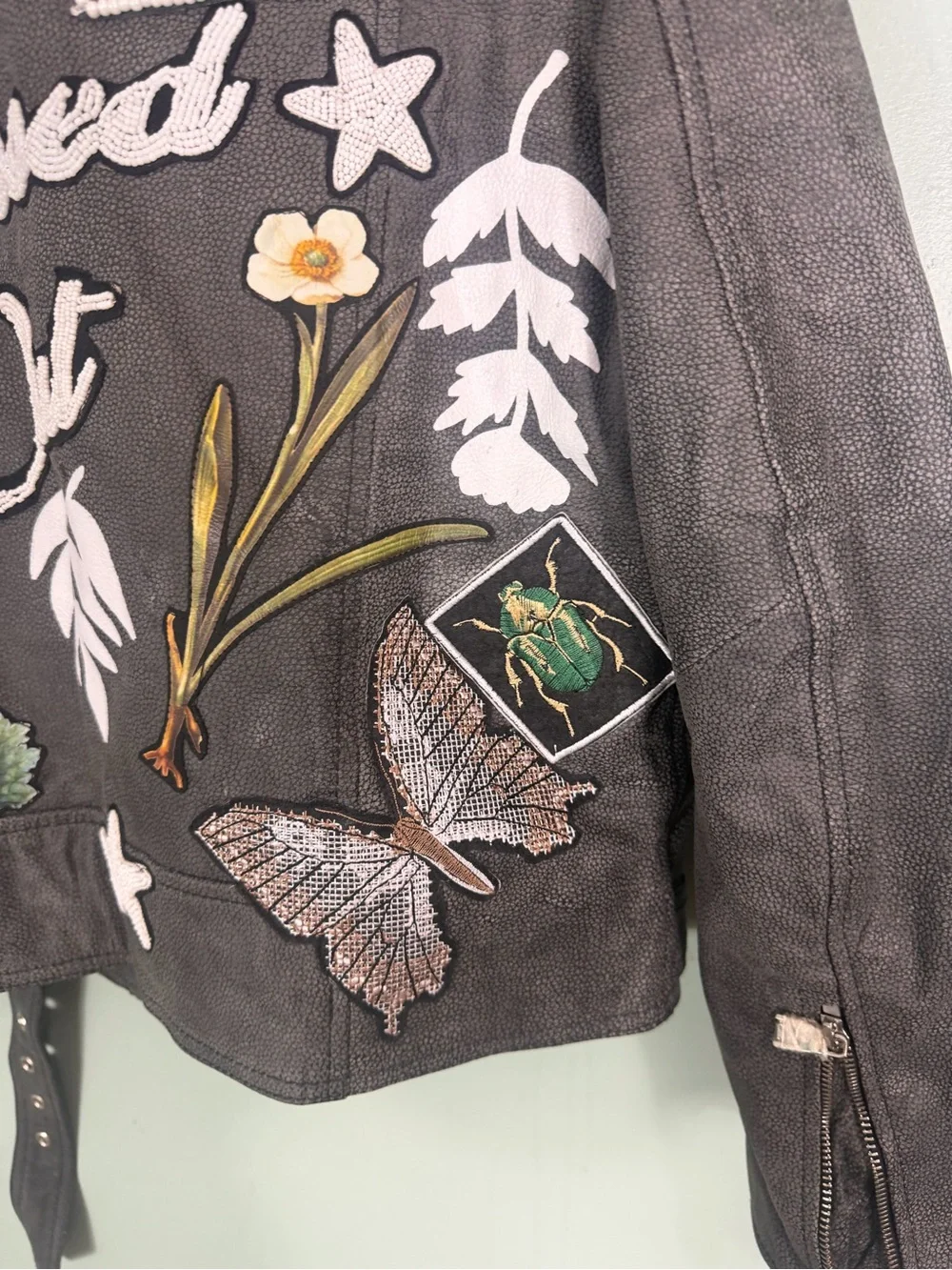 Free People Denim & Bone Patchwork Moto Jacket Gray Leather Small